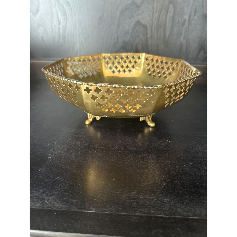 Vintage octagon shapes footed brass bowl with decorative pierced cut-outs